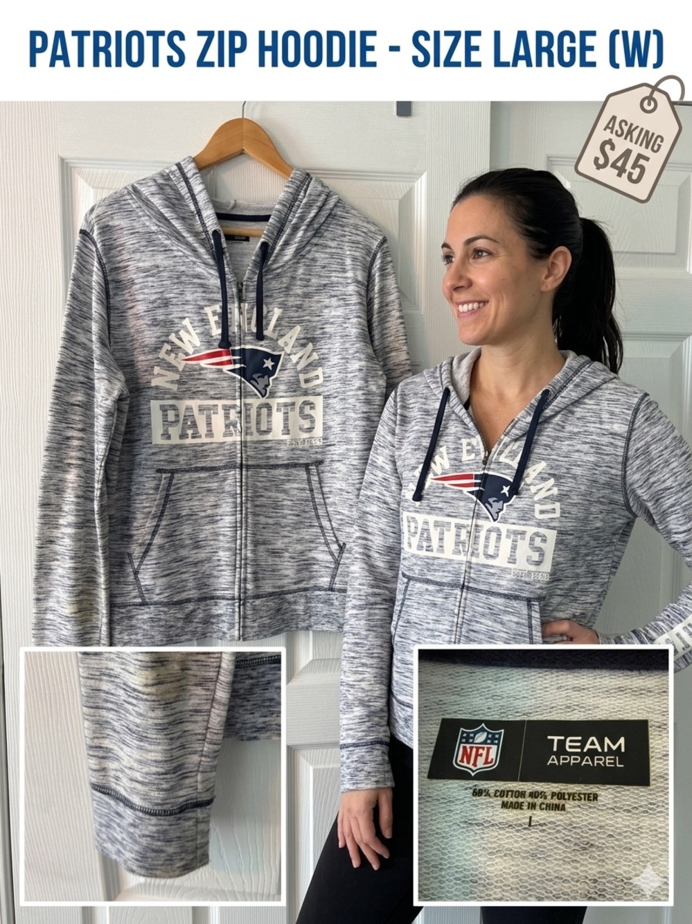 NFL New England Patriots Heather Gray Zip Hoodie - Womens size Large